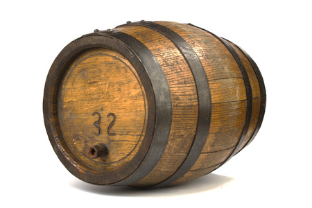 Wood barrel with steel rings on whiteの写真素材