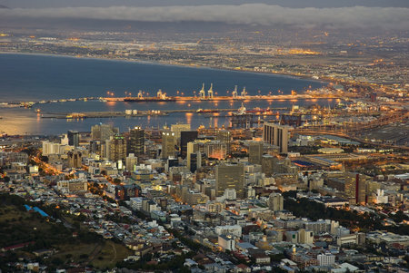 Cape Town city lights with the harbour at duskのeditorial素材