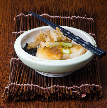 japanese cuisine. fried tofu on backgroundの写真素材