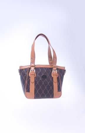 bag or brown leather woman handbag on backgroundの写真素材