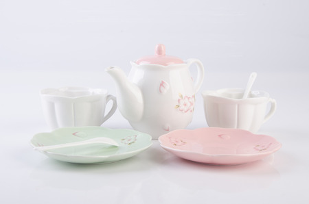 tea set or porcelain tea set on backgroundの写真素材