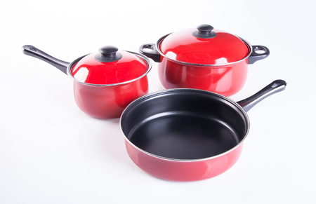 pan or stainless steel pan on backgroundの写真素材