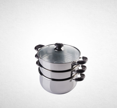 steamer pan or stainless steel steamer on backgroundの写真素材