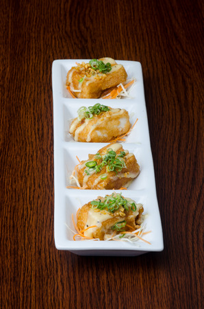 japanese cuisine. fried tofu on backgroundの写真素材