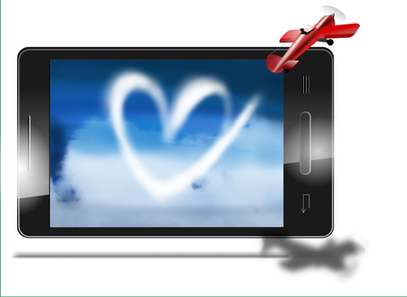 Airplane in the sky and clouds as heartの写真素材