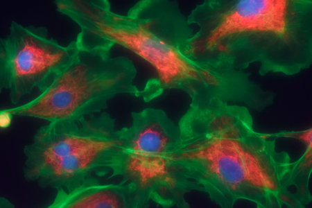 Microfilaments, mitochondria, and nuclei in fibroblast cells