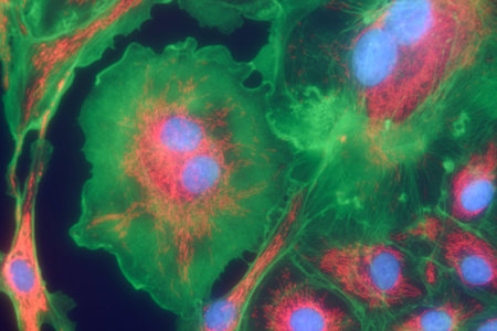 Microfilaments, mitochondria, and nuclei in fibroblast cells