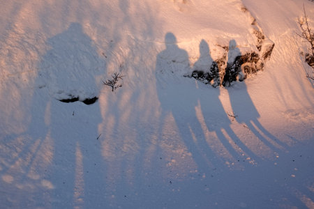 Shadows on the snow; Drekkingarhylur (the Drowning Pool) at Pingvellir National Park , South West...