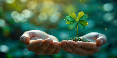Hands gently holding vibrant four-leaf clover with dewdrops, surrounded by magical glowing light .の写真素材