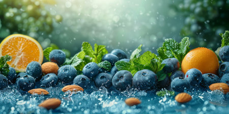 Fresh blueberries, almonds, mint leaves, and citrus fruits splashing in a water, .の写真素材
