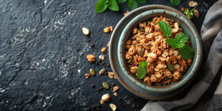 Bowl of granola with nuts and seeds, garnished with fresh mint leaves, on dark textured surface .の写真素材