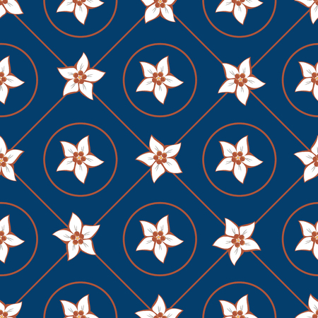 Floral seamless pattern on a blue background with white flowers, rings, circles and linesのイラスト素材