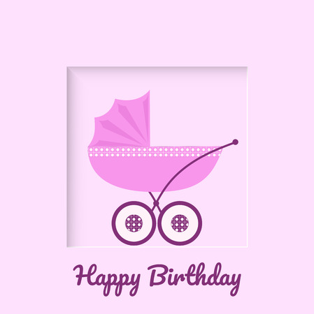 Baby carriage on pink background greeting card for newborn babyのイラスト素材