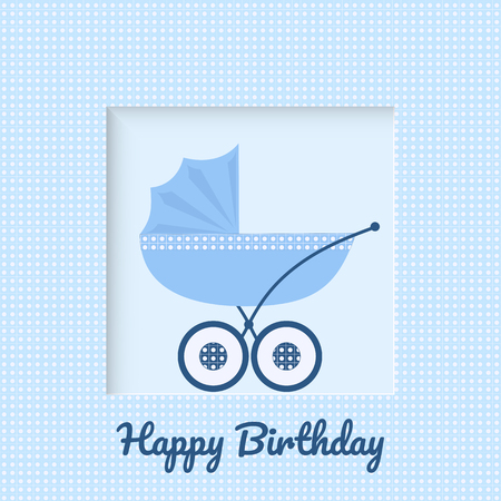 Baby carriage on blue background in a box greeting card for newborn babyのイラスト素材
