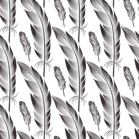 Seamless pattern of black big and small feathers. Contours vector graphics. Style engravingのイラスト素材