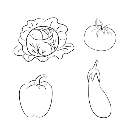 Set of vegetables. Coloring book. Contour illustration. Tomato cabbage aubergine pepperのイラスト素材