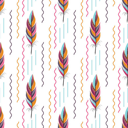 A beautiful large bright colored feather. seamless pattern with geometric elements wavy lines.のイラスト素材