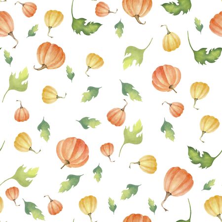 Pattern with orange pumpkin and green leaves. Watercolor. Template for printing and designの写真素材