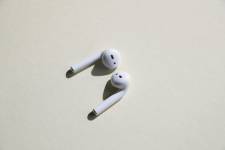 Lawrence Township New Jersey, April 1, 2019: Apple AirPods wireless Bluetooth headphones and...