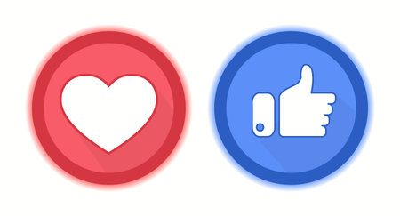 Red Heart and blue thumbs up flat style abstract background. Like concept. Love, sale, design...