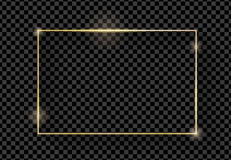 Gold shiny glowing vintage frame with shadows isolated on transparent background. Golden luxury realistic rectangle border. Vectorのイラスト素材