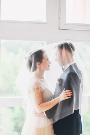 Wedding.Beautiful bride and groom portrait with veil over face. Stylish Loving wedding couple kissing and huggingの写真素材