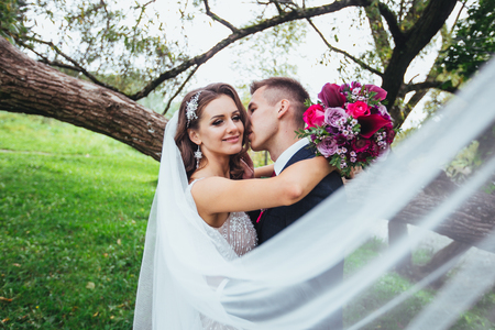 Married couple kissing in parkの写真素材