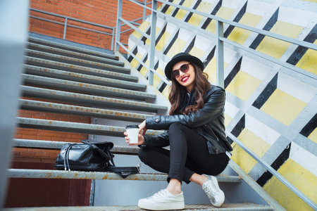 Young stylish woman in a city street sitting and drinking coffee .