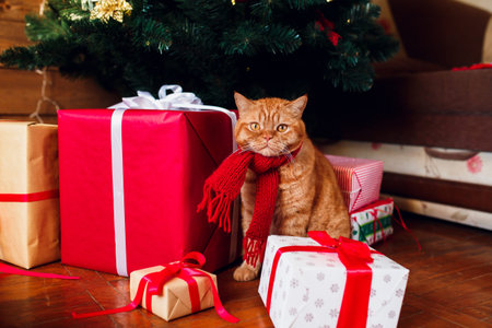 Ginger british cat in red knitted scarf sitting under Christmas tree and present boxes.の写真素材