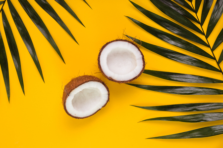Coconuts and palm leaves on yellow background. Flat lay, space for text, top viewの写真素材