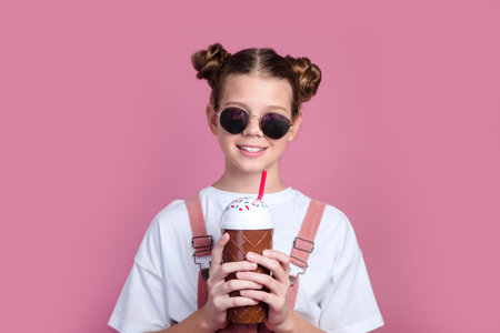 Pretty little girl in casual clothes and sunglasses with ice cream cocktai on pink background