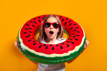 cute surprised girl in red sunglasses looking through floating ring on yellow background