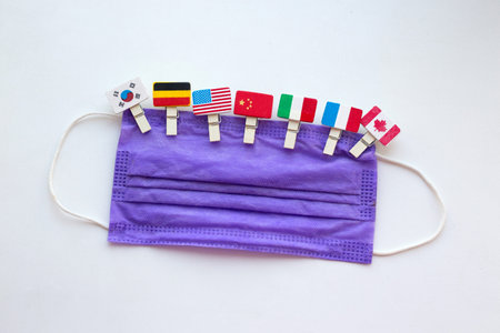 Coronavirus in world,. Flag of countries on face mask .COVID-19 epidemic