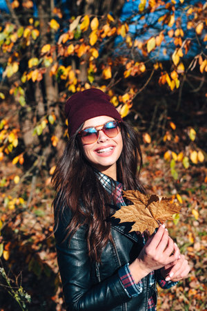 Fashion autumn portrait woman in sunglasses with yellow maple leaves