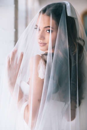 Beautiful bride portrait with veil over her face.Closeup portrait of young gorgeous bride. Wedding.の写真素材