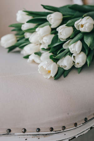 Romantic wedding bouquet of white tulips. Spring flowersの写真素材