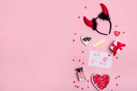 Romantic Valentines Day Decoration. Valentines day background. Flat layの写真素材