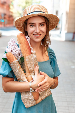 Photo of young girl happy positive smile in straw hat make shopping store eco food
