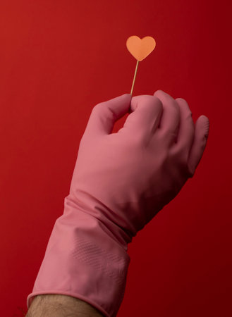 Valentine's day in the time of Coronavirus. Heart in pink latex gloves on red background. Present for soulmate. Love concept.の写真素材