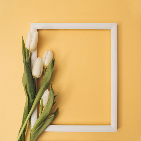 White  tulips with blank picture frame on pastel yellow background. Holiday postcard for Women's Day...