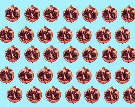 Red pomegranate fruit on vivid blue background. Minimal flat lay concept.