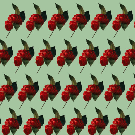 Creative pattern made of red roses om mint green background. Original  concept for Valentine's day...