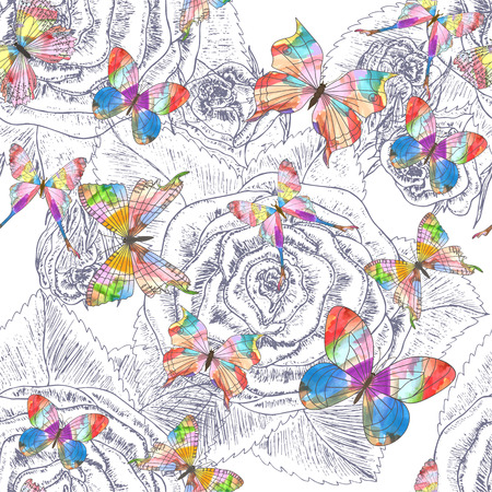 Beautiful seamless pattern with flowers and butterflies. Vector illustration. EPS 10のイラスト素材