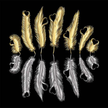 Vector set of feathers. Isolated on black background. Hand drawn.のイラスト素材