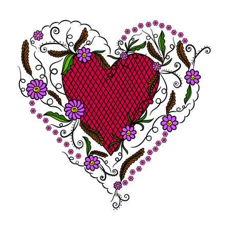 Embroidery heart with flowers and leaves. Vector illustration.のイラスト素材