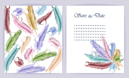Vector set of card templates with colorful feathers. Hand drawn illustration.のイラスト素材