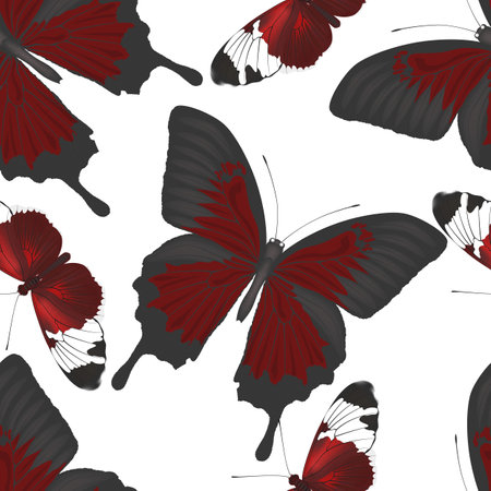 Beautiful red butterflies on a white background. Seamless pattern.のイラスト素材