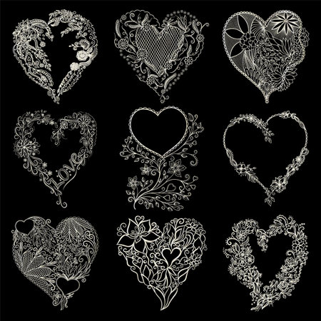 Vector set of ornate hearts for Valentine's Day. Hand drawn illustrationのイラスト素材