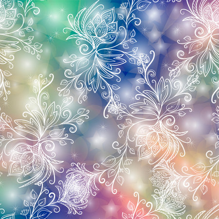 Seamless pattern with floral ornament on the background of the night skyのイラスト素材