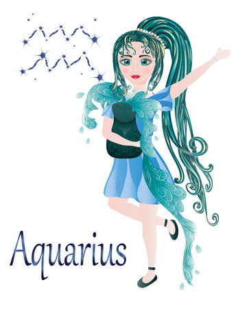 Aquarius zodiac sign. Beautiful girl in a blue dress.のイラスト素材